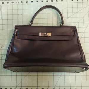 𝅺VINTAGE Brown Leather Handbag 30 CM